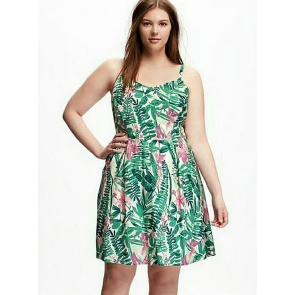 Old Navy Women’s 1X Plus Floral Tropical Print Sundress Green Spaghetti Strap